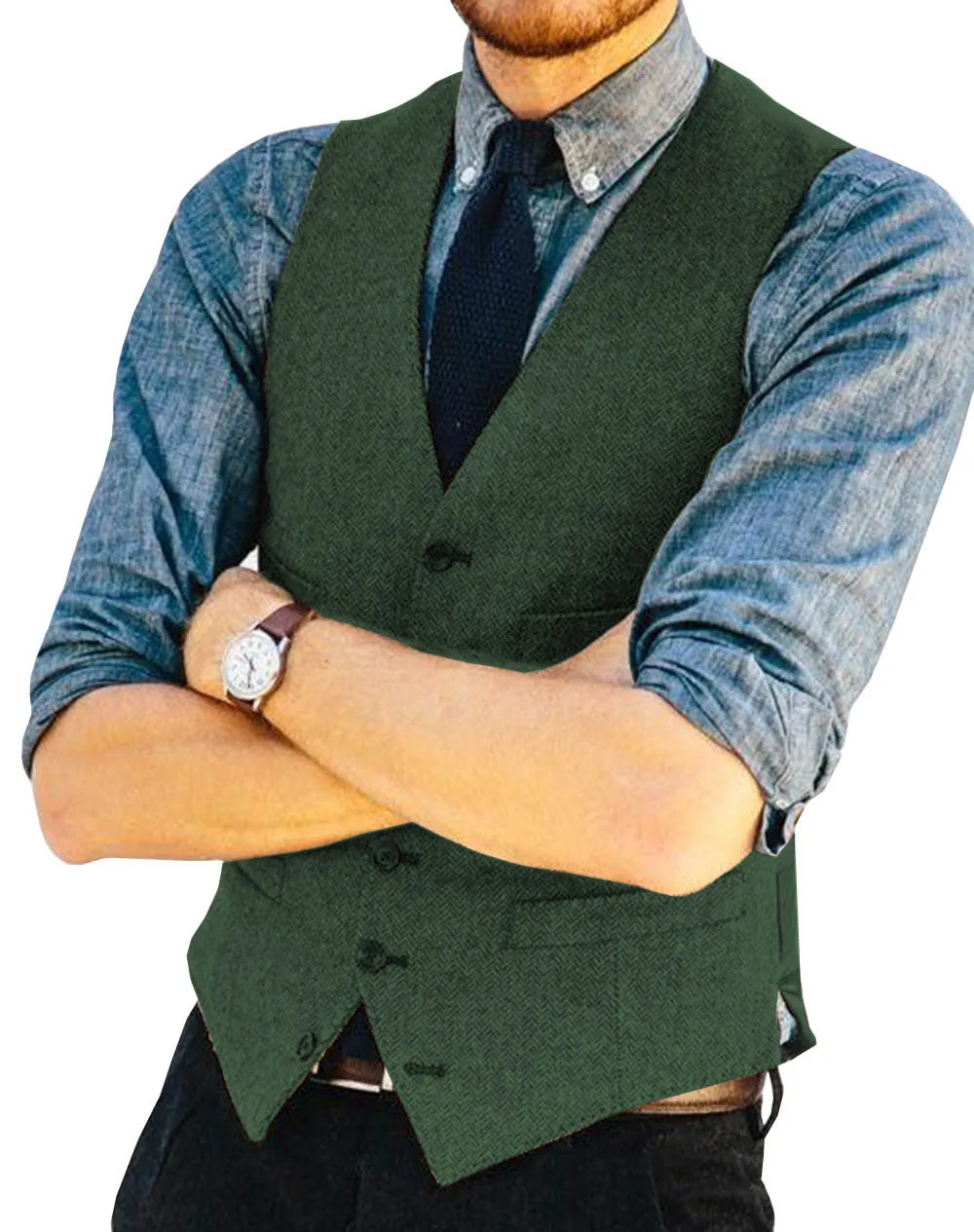 Мужской костюмный жилет с v-образным вырезом и узором в елочку, приталенный деловой однобортный жилет зеленого/черного/коричневого цвета, свадебный жилет Groomman - Цвет: green