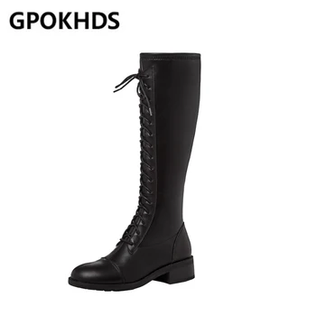 

GPOKHDS 2021 women Knee-High boots Cow leather winter short plush Round Toe Lace-Up Med heels female Motorcycle boots size 39