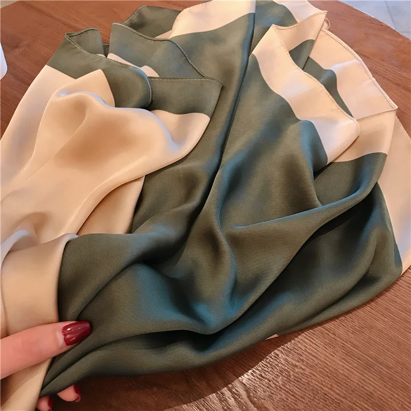 Color small fresh silk scarf female Korean version of the temperament literature hundred tied inthe small scarf 90cm - Цвет: Dark green and beige