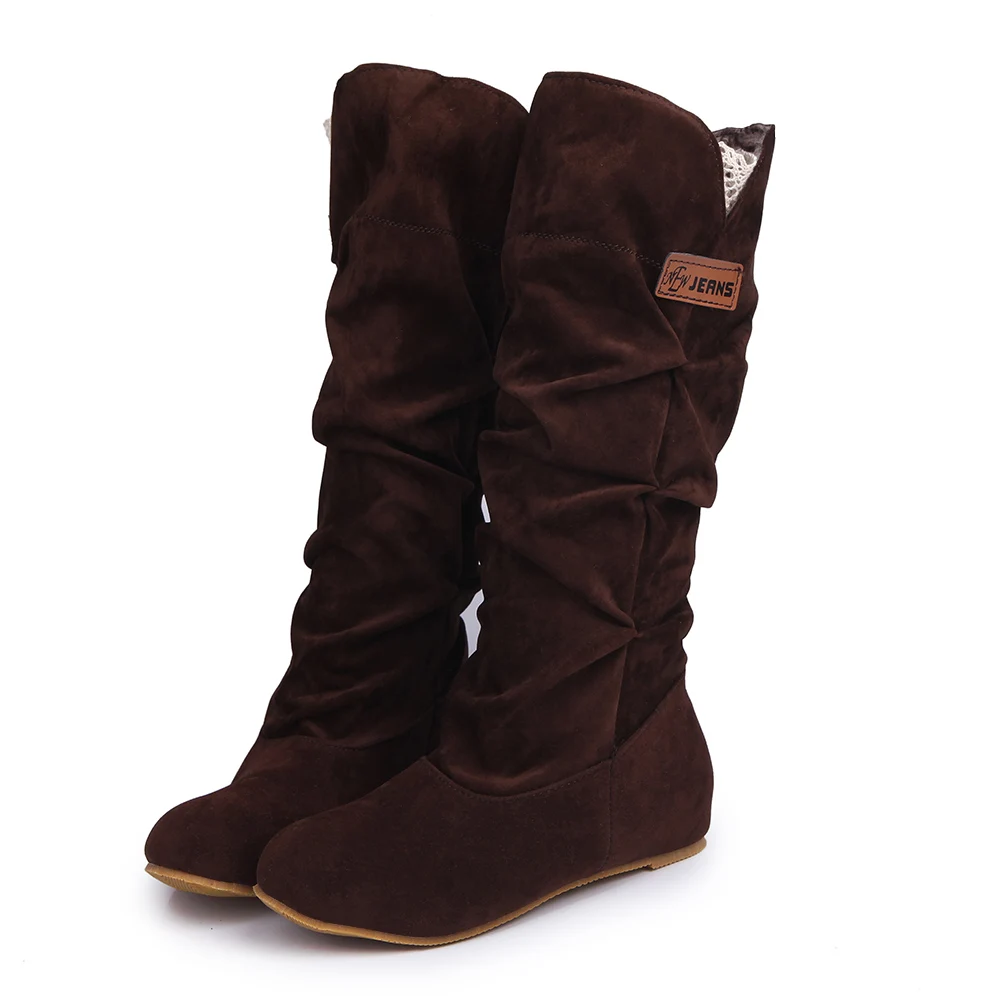 Women Fur Knee High Boots Fashion Flock Plush Padded Winter Snow Boots Casual Flat Heels Lace Warm Black Brown Long Boots Ladies