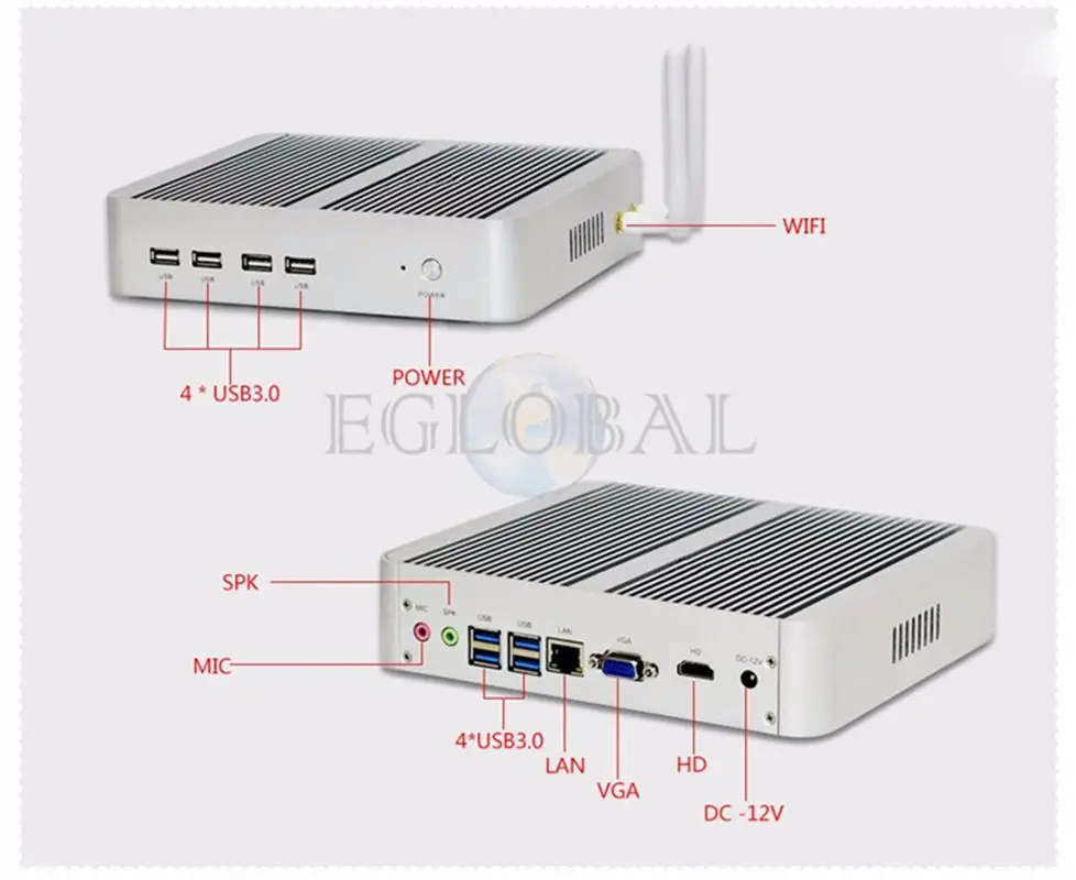 Процессор EGlobal fanless Мини ПК компьютер i5-7260U 8 ГБ+ 128 ГБ/256 ГБ Win10 двухъядерный процессор, 2* DDR4 Msata+ M.2 SSD+ 2," 4 K плеер HDMI DP VGA