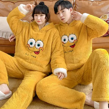 

Warm Flannel Cute Cartoon Hooded Couple Pajamas Sets Women Winter Set Sleepwear Pijama Mujer Homewear Home Clothing