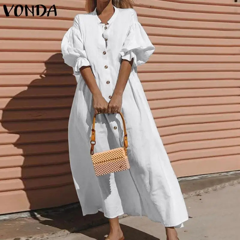 Casual Solid Maxi Dress Women's Autumn Sundress VONDA Vintage Cotton Tunic Vestido Female Short Sleeve Robe Femme Plus Size