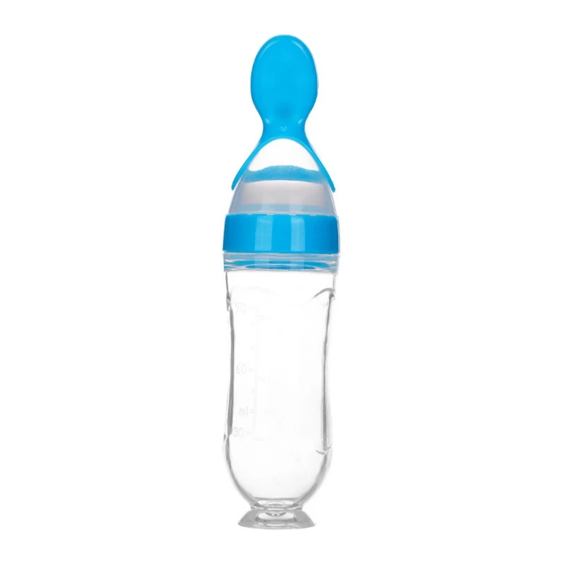 1 шт. детская силиконовая бутылочка для кормления безопасная Мягкая ложка 5 однотонных цветов Высококачественная пищевая добавка рисовые бутылки с зерном - Цвет: Blue 90ML E