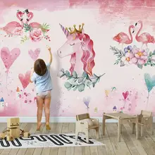 Пользовательские Большие Настенные обои розовый Ручная роспись Любовь Фламинго Единорог Обои для рабочего стола