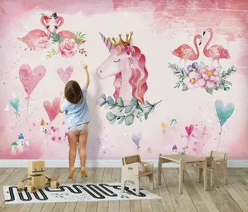 

Custom large mural wallpaper pink hand-painted love flamingo unicorn background wallpaper mural