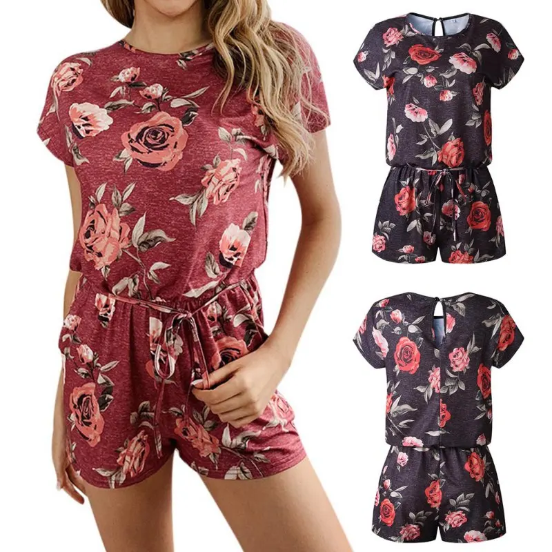 Летний комбинезон с коротким рукавом, женский комбинезон с цветочным принтом, женский комбинезон