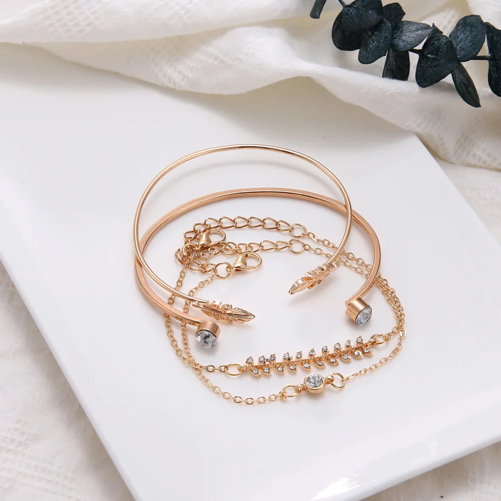 Минималистский 4 Sets/Pcs с украшением в виде кристаллов Циркон заполненный листья бусины Браслеты для Для женщин в богемном стиле, в стиле «панк» для девочек раздавить золото Цвет цепи ювелирные изделия