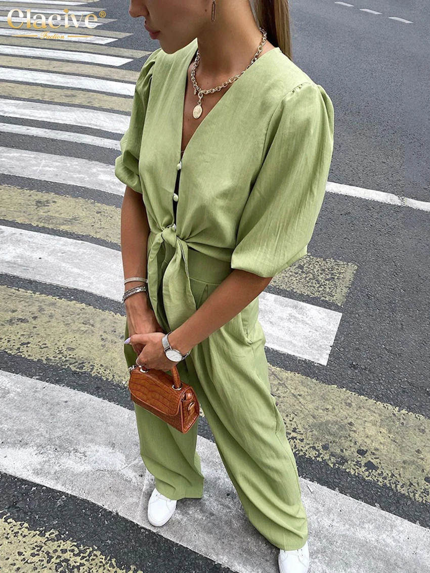 pant suit for wedding guest Clacive Summer Puff Sleeve Shirts Set Woman 2 Piece Casual High Waist Wide Trouser Suits Female Vintage Loose Green Pants Set evening pant suits