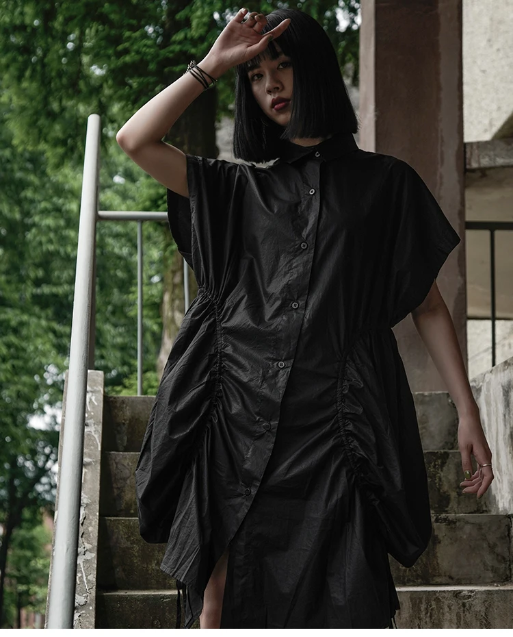 [EAM] New Spring Summer Lapel Short Sleeve Black Irreuglar Fold Split Joint Loose Shirt Dress Women Fashion Tide JX113 - Цвет: black