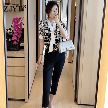 

Elegant Lady Summer Pants 2Piece Set Women 2020 New Fashion Geometric Print Blouse and Pants Suit Matching Set Office Outfits