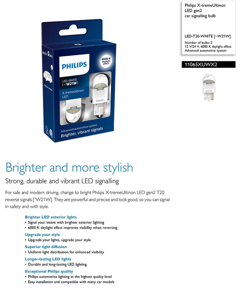 Philips X-treme Ultinon светодиодный gen2 W21 T20 7440 12 в 6000 К Белый светодиодный автомобильный фонарь сигнал поворота заднего хода лампы стоп-светильник 11065XUWX2, 2X