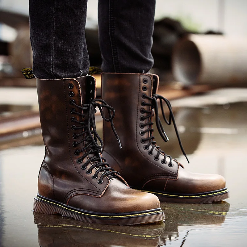

2020 Autumn New Style COUPLE'S Martin Boots Mid-top Workwear Boots Hight-top Elevator Leather Boot Large Size