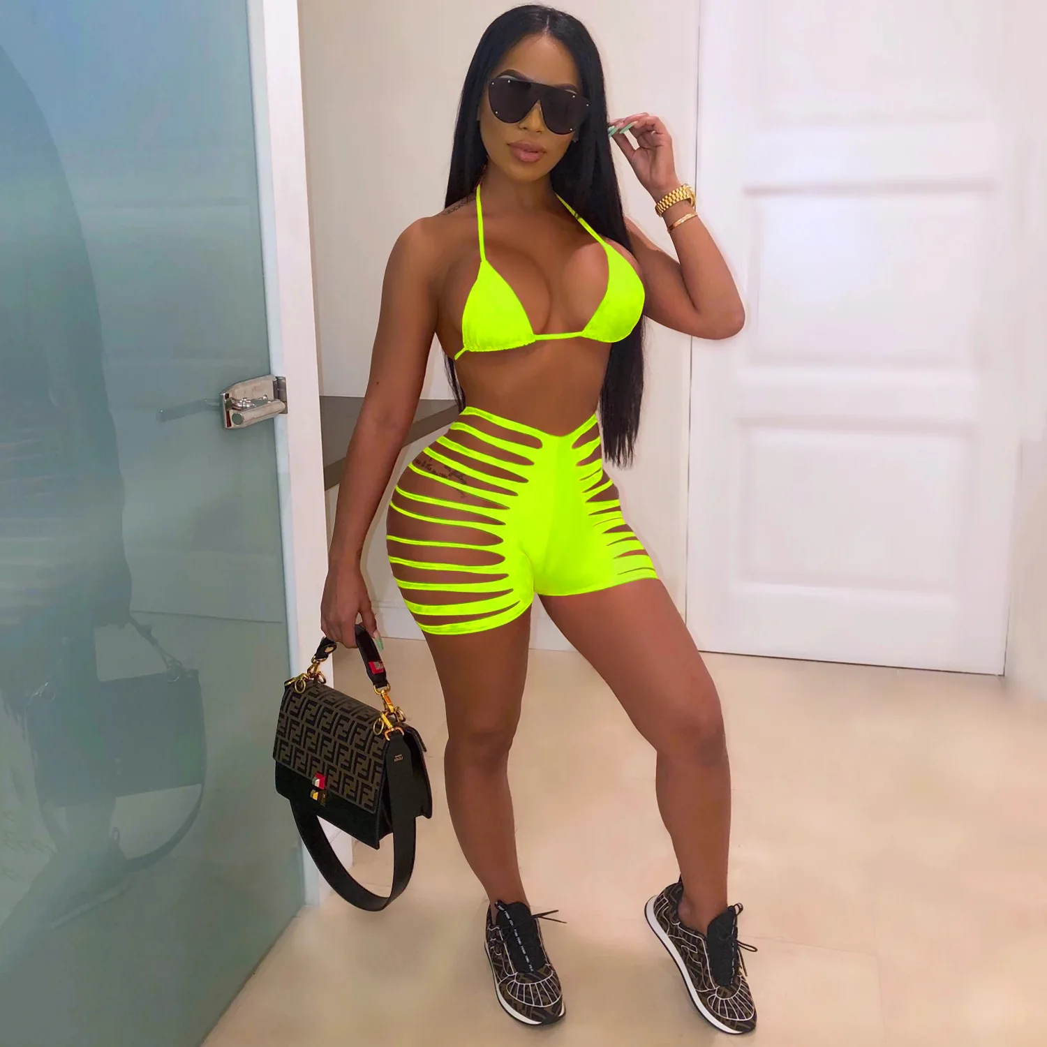 Neon Green Orange Women 2 Piece Set 