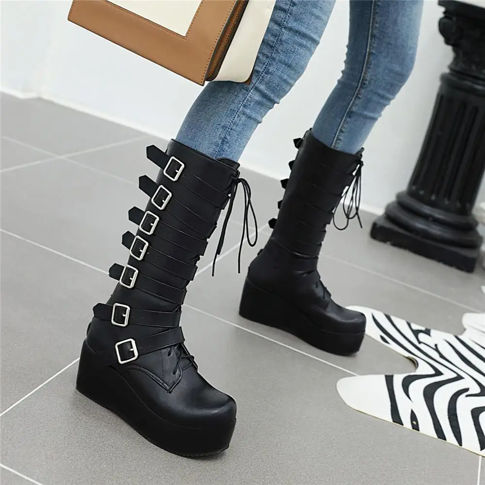 

SARAIRIS Plus Size 33-46 Girl Cool Decorating mid-calf Boots Women 2019 Platform Buckle Boots Ladies Wedges Shoes Woman