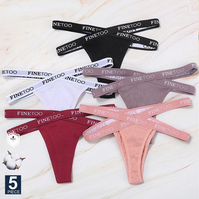 

FINETOO 5PCS/Set M-XL G-string Cotton Women's Cross Strap Panties Femme Thong Sexy Hollow Out Lingerie Letter Waisted Underwear