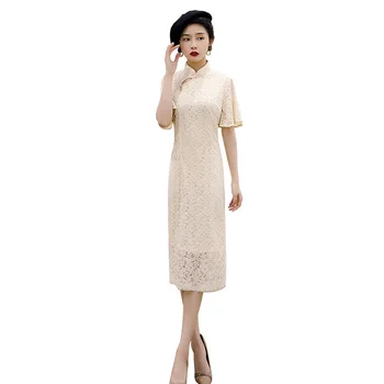 

Vintage Beige Oversize 3XL Novelty Short Chinese Formal Dress Chinese Style Women Mandarin Collar Qipao Elegant Lady Cheongsam