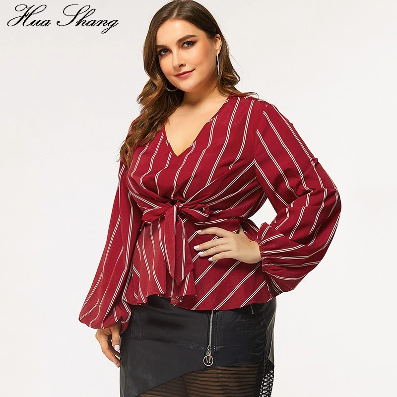 Красная полосатая блузка, рубашка размера плюс, Женская Летняя Повседневная блуза с v-образным вырезом и длинным рукавом, элегантная женская блузка с бабочкой спереди