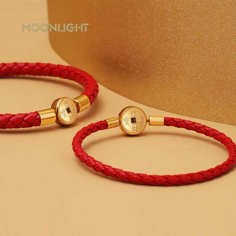MOONLIGHT 2021 Gold Color Coin Bracelet For Women Genuine Leather Lucky Get Rich Red Bracelets Fashion Jewelry Birthday Gifts