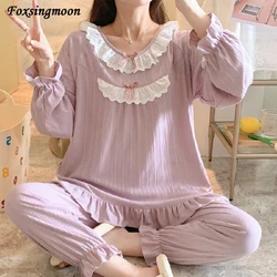 Womens Cotton Pajamas Suit Lace Edge Cute Hedging Long Sleeve Sleepwear Underwear Plus Size Home Clothes 2-piece Lounge