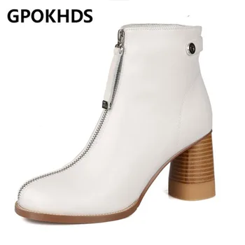 

GPOKHDS 2021 women soft ankle boots cow leather zippers boots winter short plush round toe high heels women boots