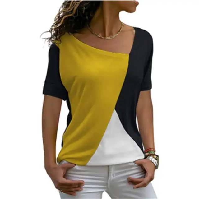 Женская длинная футболка с коротким рукавом и дизайнерским асимметричным вырезом 1