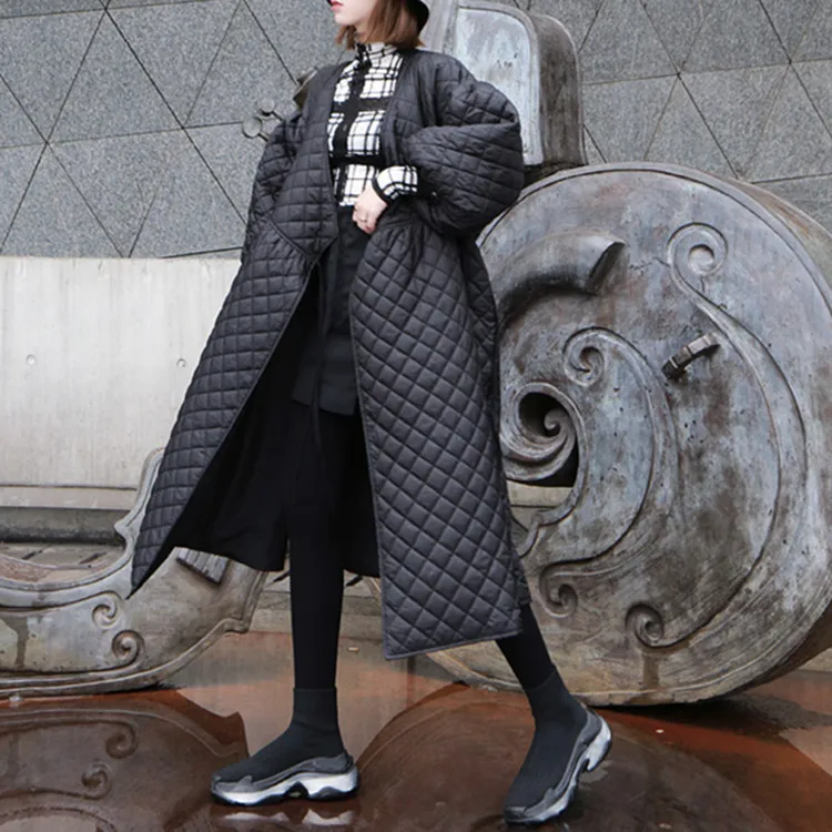 Женское хлопковое пальто большого размера,, зимняя винтажная длинная одежда с рукавом-фонариком и ромбами в Корейском стиле, женская одежда с хлопковой подкладкой