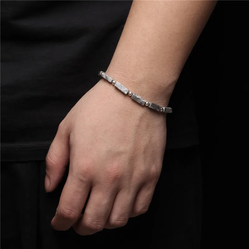 Fashion Square Tube Stein Perlen Armband Natürliche lapis lazuli Perlen Silber Farbe Runde Ball Charm Armband Schmuck Frauen Männer – Detail 12