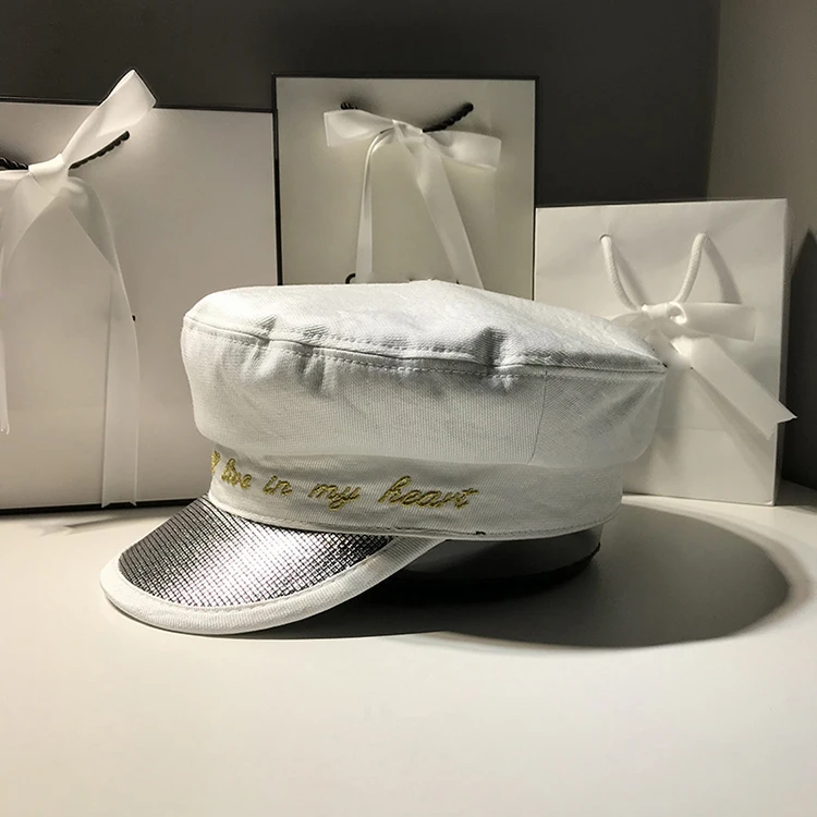 Белый Новинка, осенняя Повседневная атласная хлопковая кепка для девочек, шапка s, шапка для художника, британская женская шапка с вышитыми буквами, темно-синяя кепка, золотая - Цвет: Белый