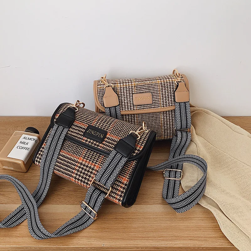 

Versatile Western Style Plaid Bag WOMEN'S Bag 2019 New Style Fashion Woolen Cloth Textured Shoulder Broadband Shoulder Bag Squar