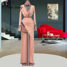 

Muslim Designed Pink Evening Dresses Beads Evening Gowns Dubai High Split Celebrity Dresses For Women 2022 Couture Prom Dress