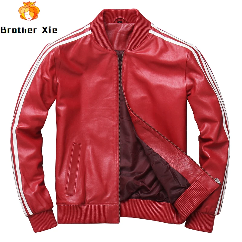 

2020 Men's Genuine Sheepskin Jackets Motocycle Jackets Red Striped Baseball Leather Coat for Male