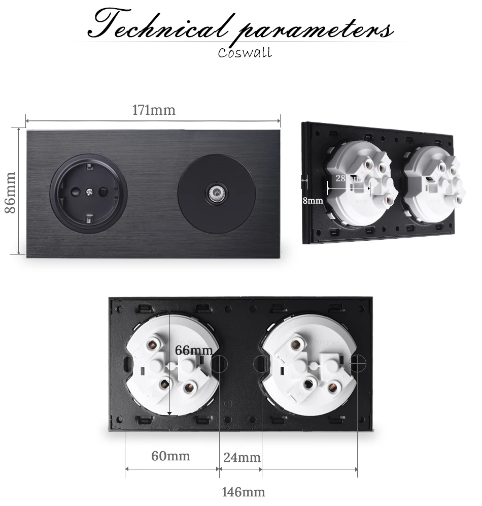 Coswall Роскошная алюминиевая металлическая панель черная настенная розетка стандарта ЕС с двумя usb-портами для зарядки 172 А выход* 86 мм серия R12