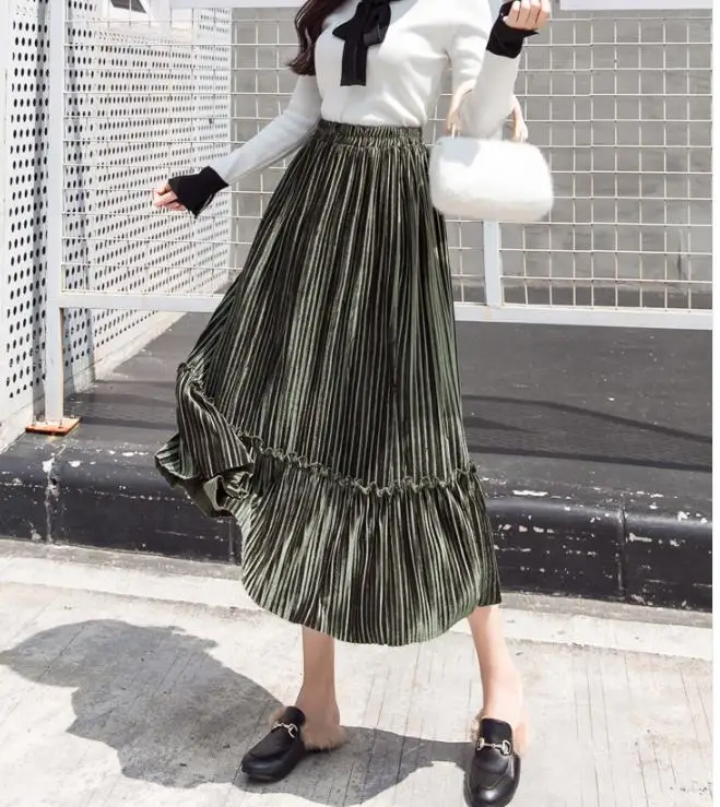 Винтажная бархатная юбка женская мода осень зима Корейская трапециевидная высокая талия миди Длинная женская плиссированная юбка - Цвет: Green