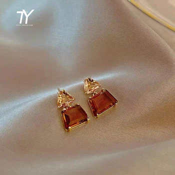Advanced geometric tawny Crystal Square Gold Earrings For Woman Korean Fashion Jewelry Goth Party Luxury Girl‘s Cute Earrings