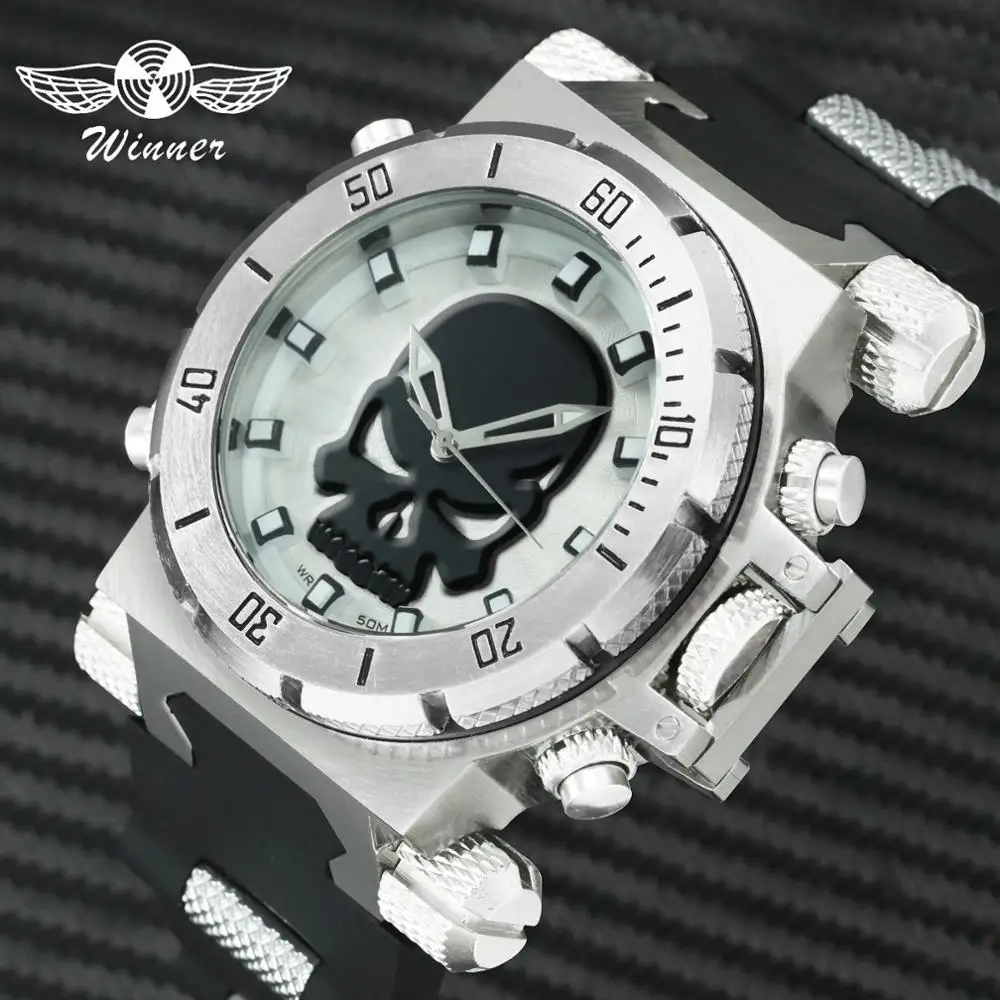 Skup Zwycięzca oficjalne męskie zegarki sportowe 3D czaszka Punk Dial kwarcowy zegar analogowy pasek gumowy moda Casual zegarek dla człowieka wodoodporny