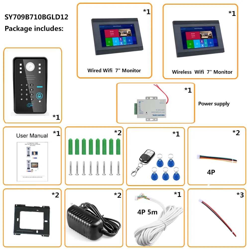 7inch 2 Monitors Wireless Wifi RFID Password Video Door Phone Doorbell Intercom Entry System with Wired IR-CUT 1080P Wired Camer