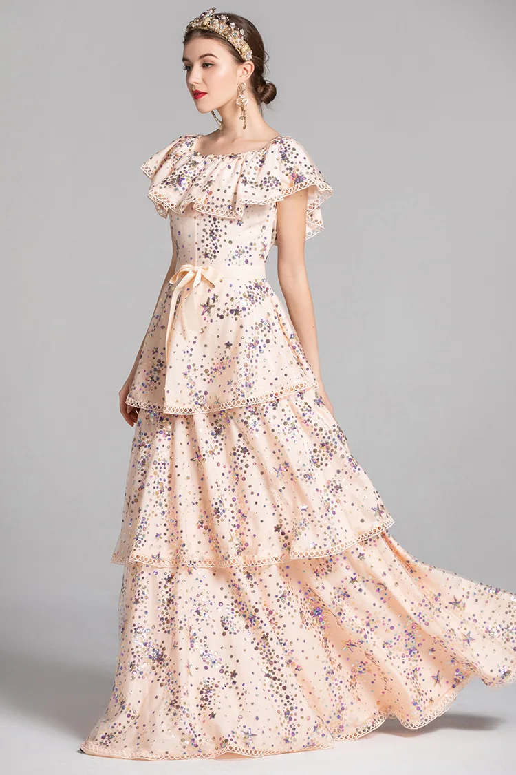 BGW Vestido, Noche, Largo, расшитое блестками, с вырезом лодочкой, Многоуровневое вечернее платье, короткий рукав, ТРАПЕЦИЕВИДНОЕ, одноцветное, официальное, вечернее платье