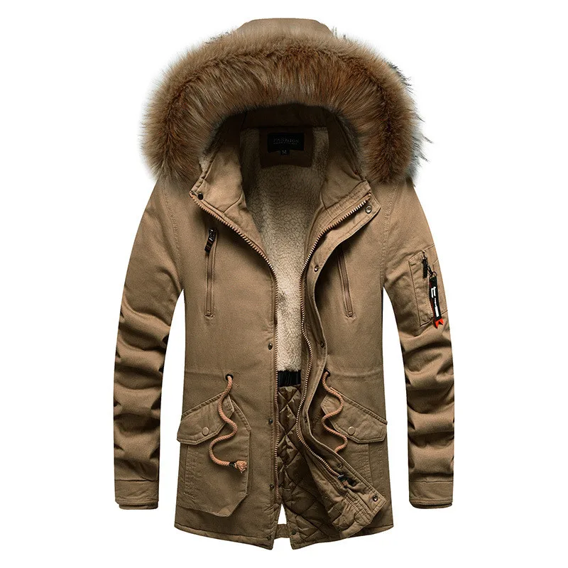 

Winter Hooded Long Parka Coat Jacket Men Trench Fur Collar Sheepskin Thicken Warm Wool Liner Outwear Casual Windproof Jacket