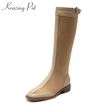 

krazing pot comfortable leisure cow leather patchwork boots buckle round toe med heels women keep warm zip thigh high boots L52