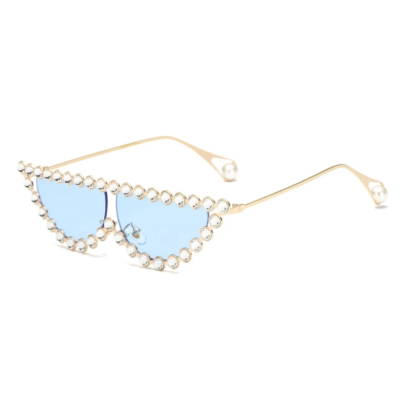 Cateye Sunglasses Women Rhinestone Sun Glasses for Female Vintage Retro Woman Glasses Metal Frames Elegant Luxury Uv400 Brand - Цвет линз: gold blue