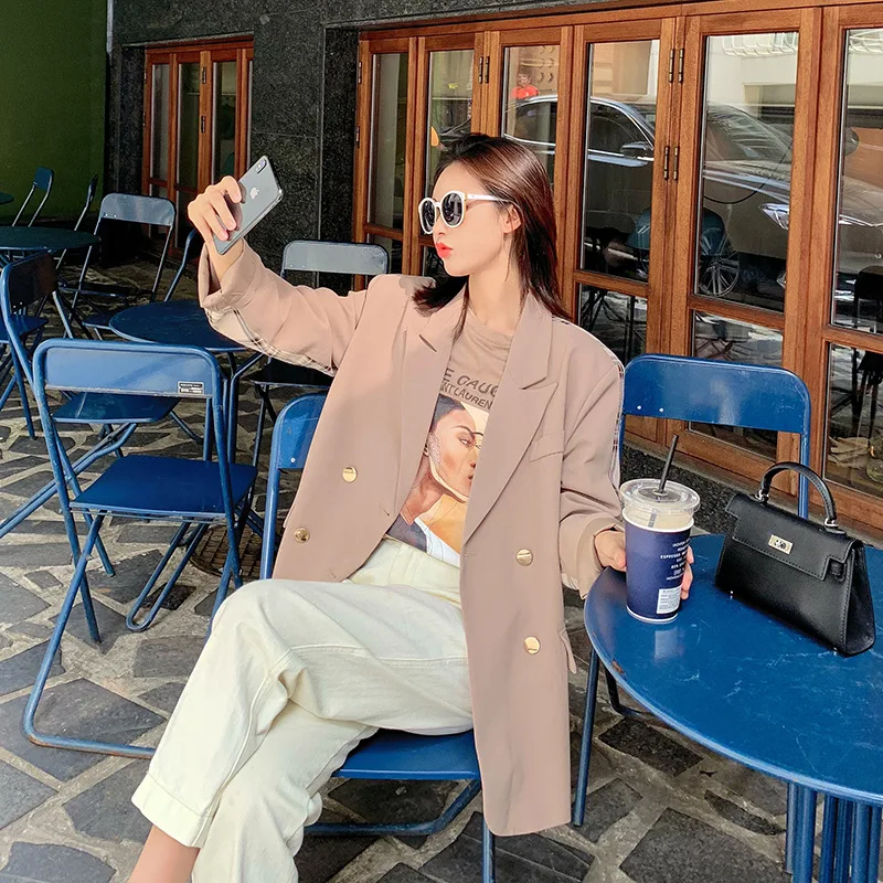 

2019 Autumn New Style Large Version of Suit Plaid Stitching Coat Double Breasted Straight-Cut Small Suit Coat Women's Autumn