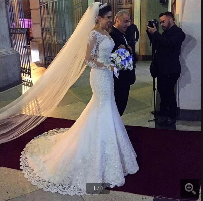 Robe de Mariage русалка белое кружево свадебное платье с аппликацией с длинным рукавом бисером v-образным вырезом Элегантные платья невесты