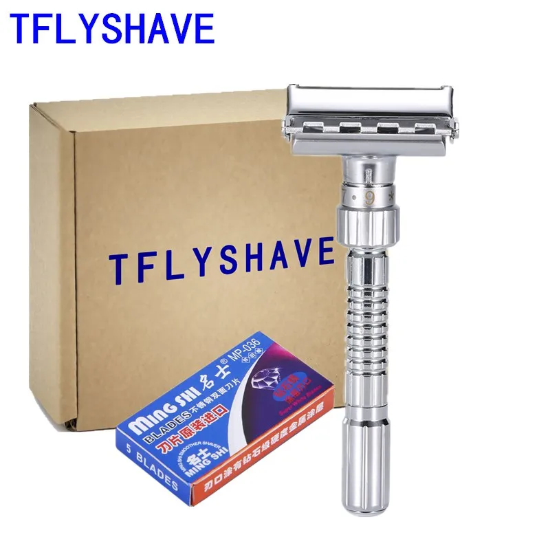 

TFLYSHAVE Men Double Shaver Razor Blade Adjustable Edge Razor Safety Razor Zinc Alloy Chrome Razors With 5 Replacement Blade