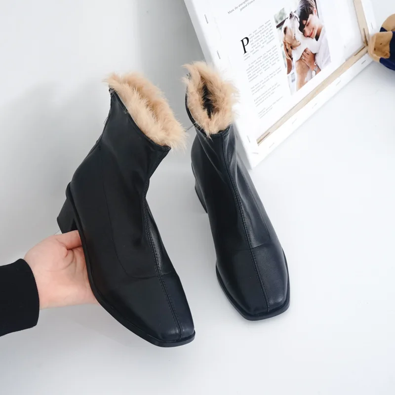 

2019 Autumn And Winter Korean-style New Style plus Velvet Boots Versatile Chunky-Heel Furry Short Boots Women's Tennis Red Marti