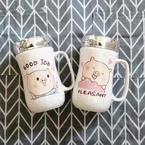 Creative Mug Ceramic Cup Cute Couple Coffee Cup Pair Korean Female Student Cup with Lid Spoon Trend Coffee Cup Travel Travel Mug - Цвет: 420ML 2 pieces