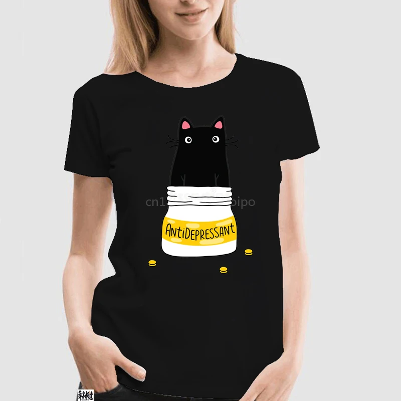 Womens Black Cat Antidepressant T-Shirt 
