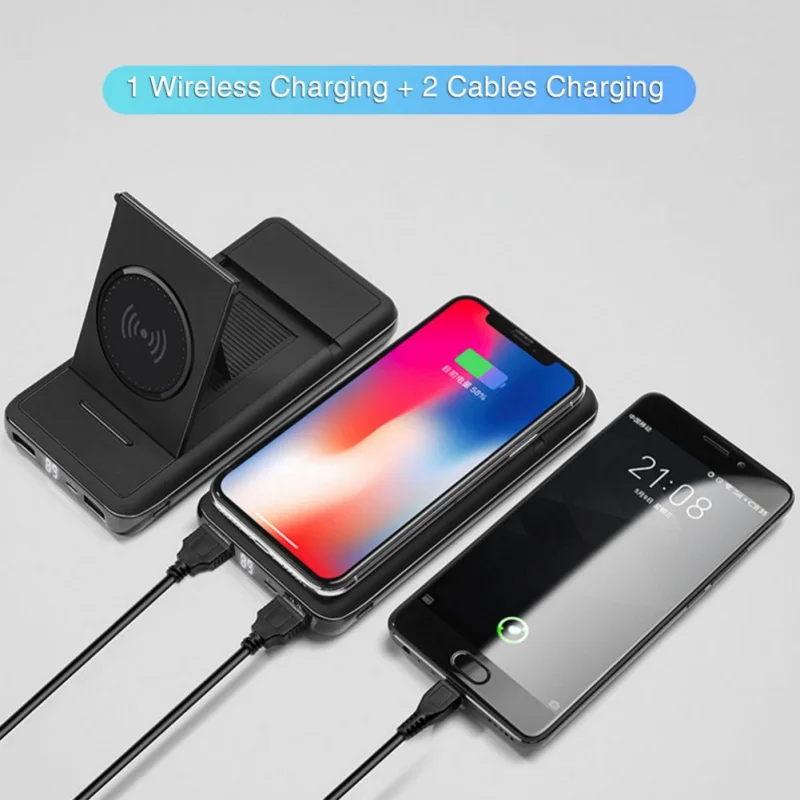 Qi беспроводной 20000mAh банк питания 2USB lcd телефон быстрое зарядное устройство для iPhone Android с держателем телефона