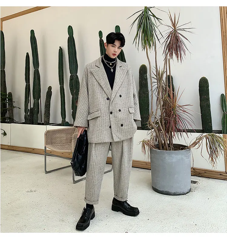 Men Oversize Loose Stripe Thick 2PCS Suits Sets(jacket+pant) Male Vintage Streetwear Hip Hop Suit Coat Trouser Blazer Outerwear