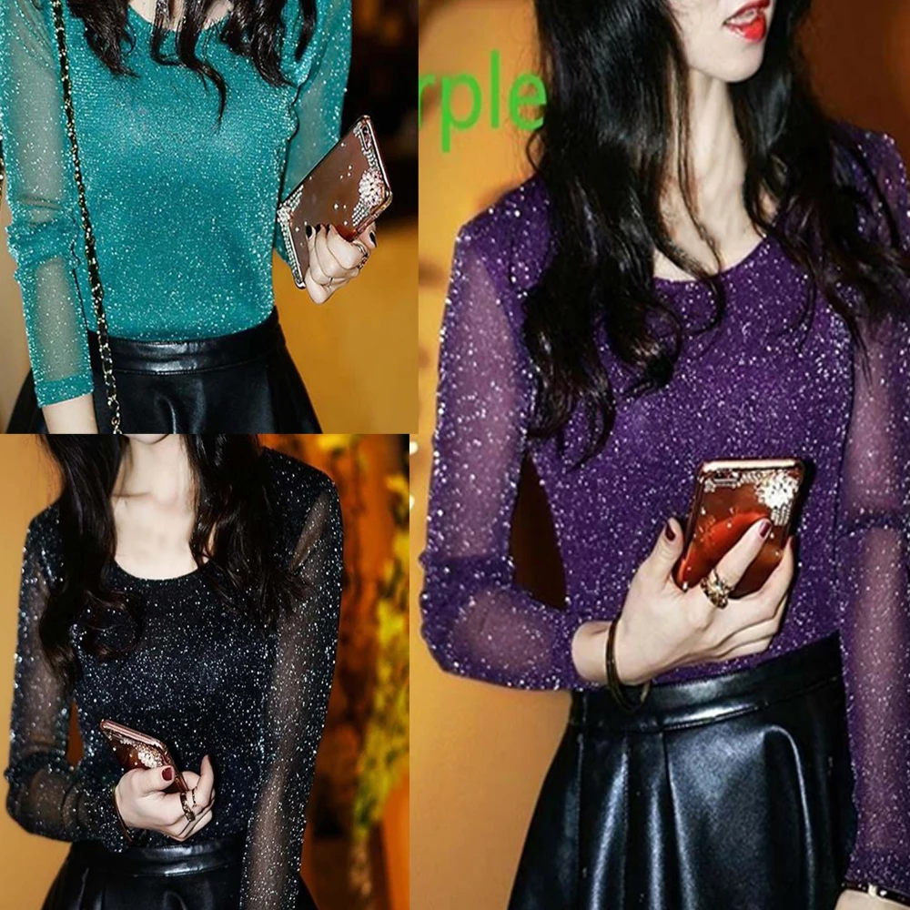 

HO-KLOSS Women Autumn Long-Sleeve T-shirt Bottoming Outwear Shiny Mesh Velvet Pullover Tunic Tops O-Neck Stretch Winter Tops